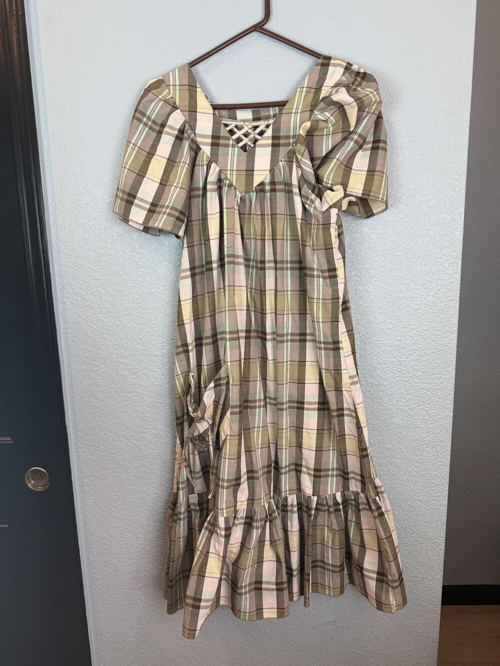 Haband Dress Womens Medium Plaid Short Sleeve Ruffle Pocket Cottagecore
